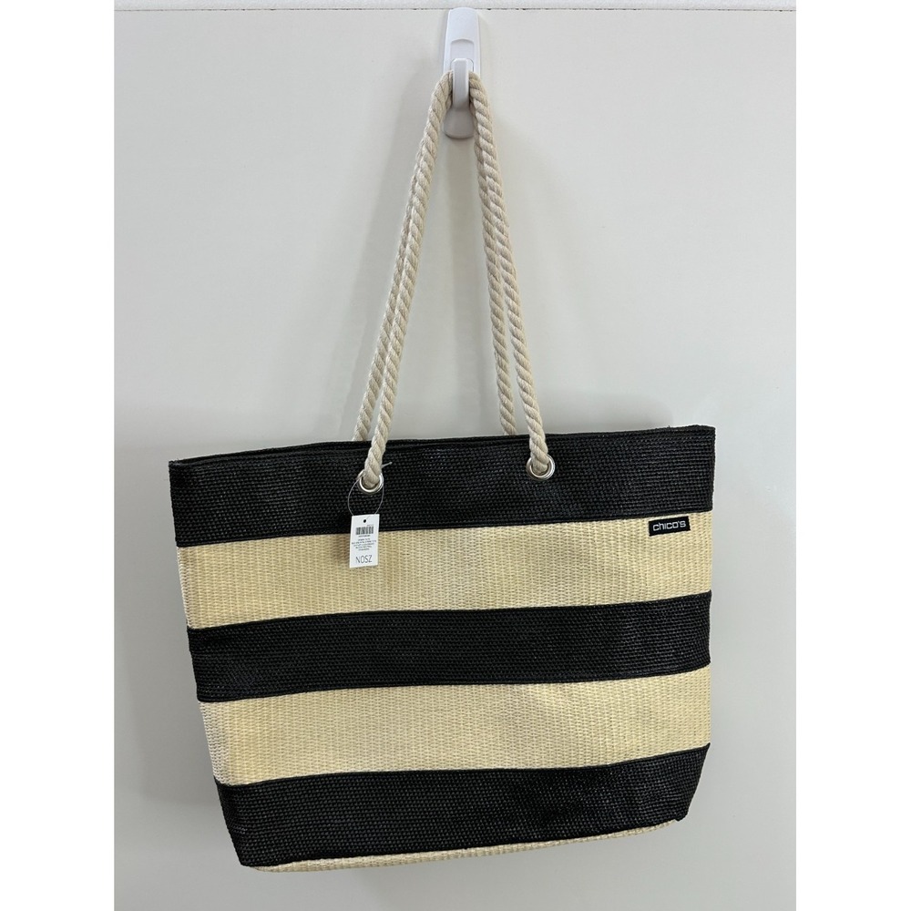 NEW Chico's Black Neutral Striped Woven Straw Beach Tote Bag Rope Handles Resort - Picture 11 of 11